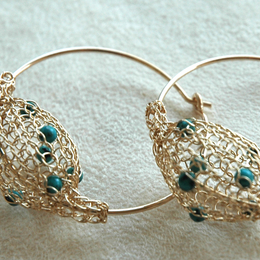 Gold Hoop Earrings - Turquoise Stones - Yooladesign