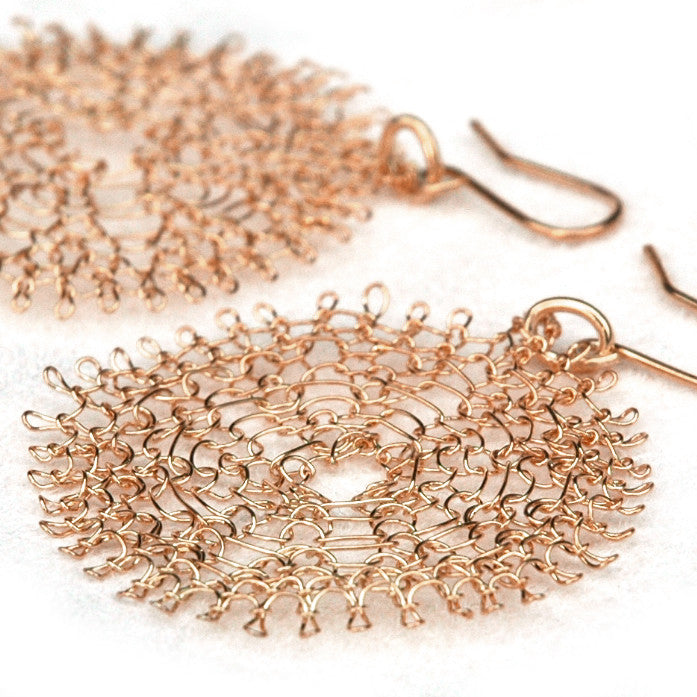 Large Rose Gold Flower Earrings , Wire Crochet Handmade Dangle Earrings - Yooladesign