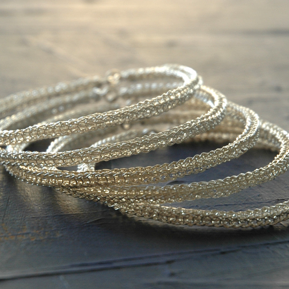 Three silver wire crocheted bangles , handmade , unique design , urban jewelry - Yooladesign
