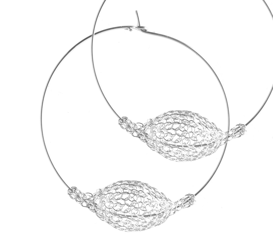Silver Jumbo Hoop Earrings , Wire Crochet Bubble Pod - Yooladesign