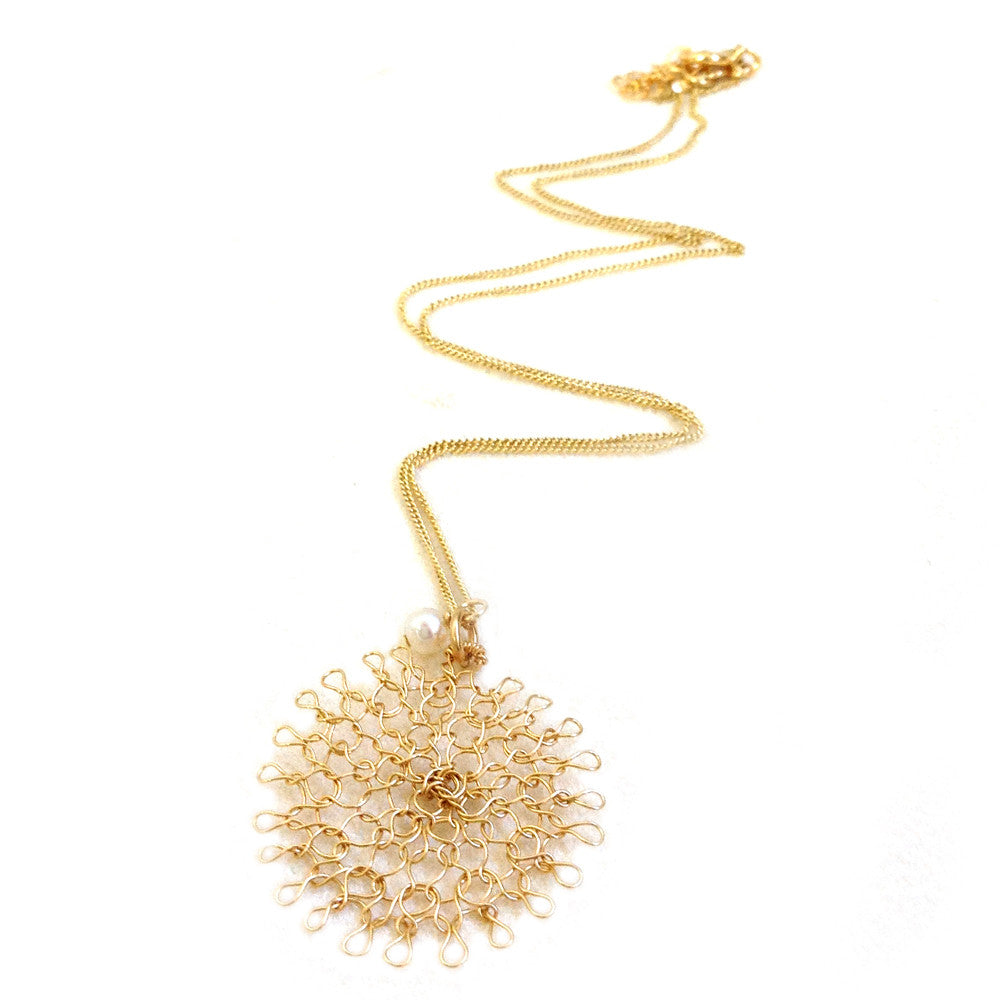 Small flower pendant necklace , Wire crochet flower in gold - Yooladesign