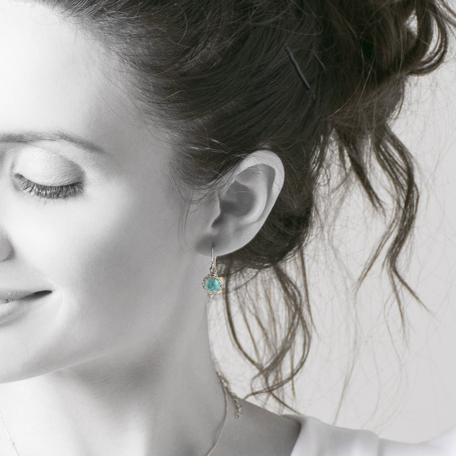 Dangle Turquoise earrings , Small Turquoise wire crochet earrings , nested in gold filled - Yooladesign