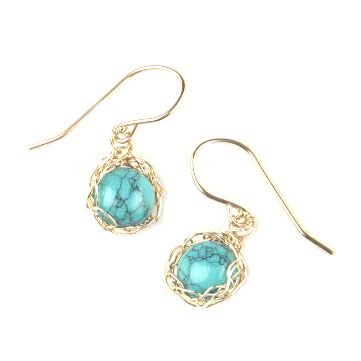 Dangle Turquoise earrings , Small Turquoise wire crochet earrings , nested in gold filled - Yooladesign