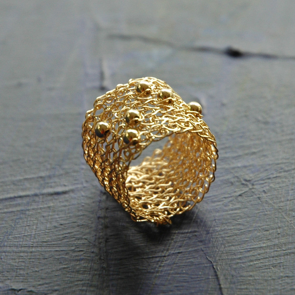 Gold Ring with Sporadic Beads , Wire Crochet Jewelry , Gold Filled Ring - Yooladesign