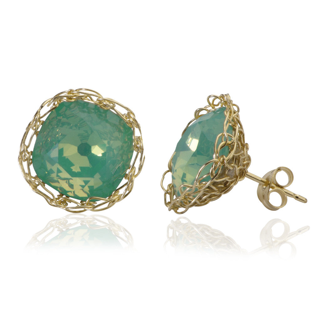 Ocean green post earrings , wire crochet gold filed mint green earrings - Yooladesign