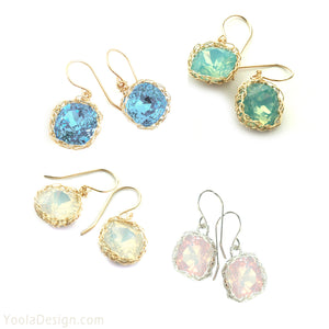 Pink Swarovski glass crystal earrings , wire crochet dangle gold earrings - Yooladesign
