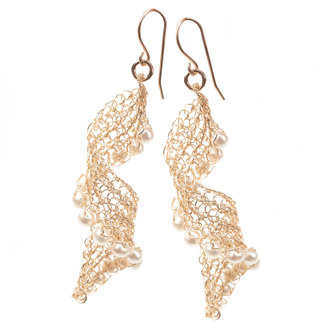 Infinity gold wire crochet earrings with pearls, long elegant knitted wire - Yooladesign