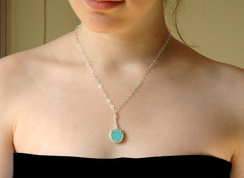 Turquoise pendant necklace small turquoise coin crocheted in