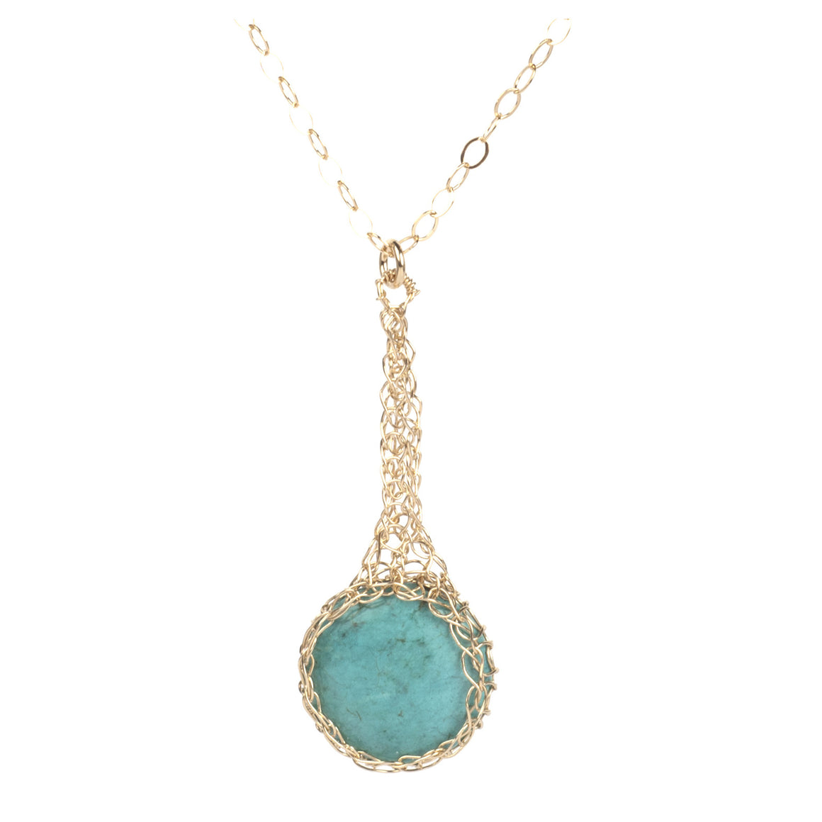 Turquoise pendant necklace , small turquoise coin crocheted in gold - Yooladesign