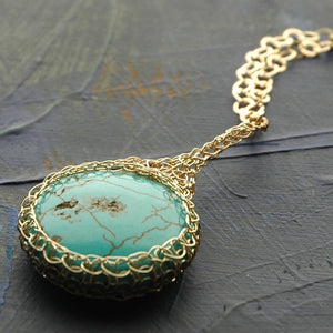 Turquoise pendant necklace wire crochet gold filled - Yooladesign