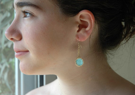 Turquoise Earrings, Turquoise Coins Nested in Crocheted Gold Wire - Yooladesign