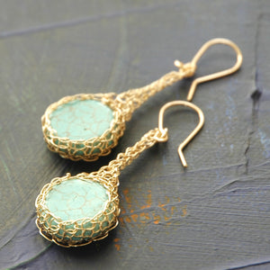 Turquoise Earrings, Turquoise Coins Nested in Crocheted Gold Wire - Yooladesign