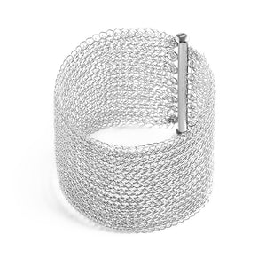 Silver Cuff Bracelet , Wide Knitted Handmade Cuff - Yooladesign