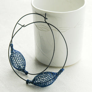Urban Silver Hoop Earrings , Oxidized Silver and Blue pod bead , wire crochet jewelry - Yooladesign